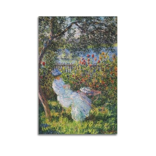 Opera d'arte di Claude Monet (opera d'arte di Claude Monet (Madame Monet che legge un libro nel giardino), poster decorativo su tela, stampa artistica da parete estetica per la casa, decorazione