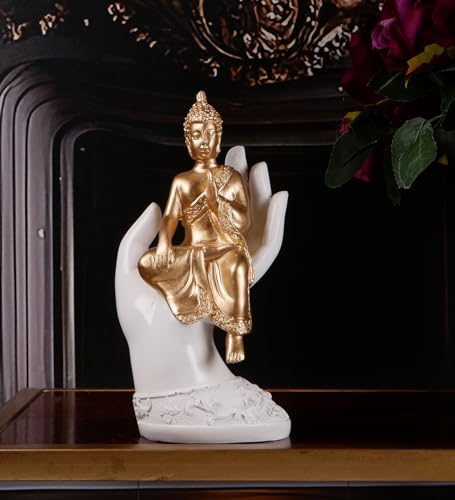 Image of THE WHITE INK DECOR Golden Enlightenment: Buddha Cradled in Graceful White Hand, Palm Buddha Hand Statues Idol for Home, Office, Living Room Decor and Mandir Pooja Room and Diwali Decor (9 inches)