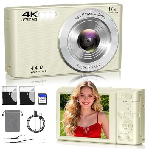 44MP FHD 4K Autofocus Kids Camera with 16x Zoom, Compact Point and Shoot Camera for Kids with 64GB SD Card, 2 Batteries, Simple Small Digicam for Teens (Cream)