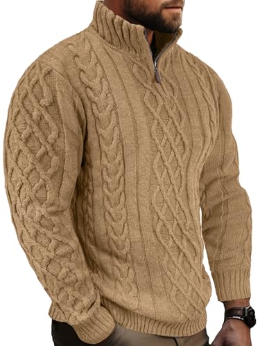 Comdecevis Mens Fall Sweater Cable Knit Sweatshirt Mock Neck Polo