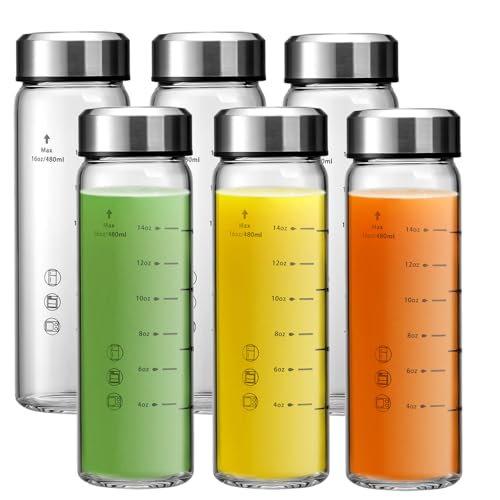 SIEROZUR Glass Juice Bottles 16oz- 6 Pack Wide Mouth Glass Bottles with Lids for Juicing Smoothies, Infused Water, Beverage Storage - BPA Free, Leakproof, Reusable, Borosilicate