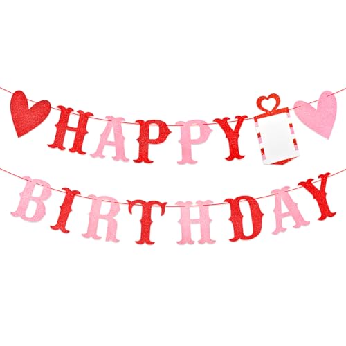 Pancarta de feliz cumpleaños con corazón con purpurina roja y rosa, guirnalda de papel colgante con temática de San Valentín, telón de fondo de fotos para pared, hogar, chimenea, oficina, decoración