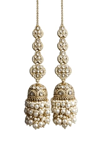 Gold Plated Kundan Pearl Jhumka Earrings | Jhumka with Hair Chain...