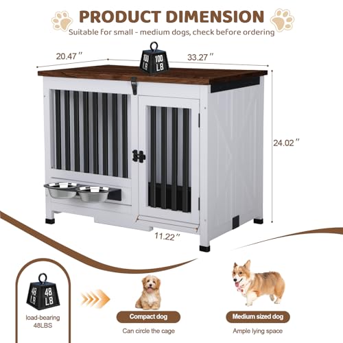 33.3 Inch Wooden Dog Crate Furniture - Multi-Functional Dog Crate Side Table with 360° Swivel Feeder for Small and Medium Dogs with Removable Tray, Easy to Assemble, Easy to Clean - Image 6