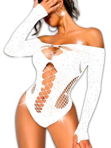 Kaei&Shi Rave Outfits For Women, Rhinestone Bodysuit Fits 0-16, Exotic Dancer Sexy Tops, Fishnet Stripper Plus Size Lingerie,White