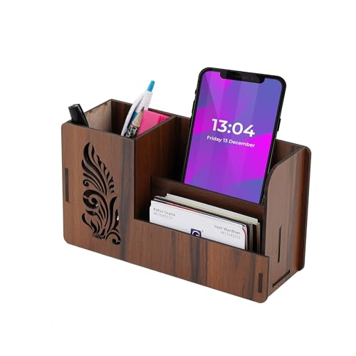 Image of Automobiles Pen Stand With Visiting Card & Mobile Holder Multipurpose Wooden Desk Organizer Pen And Pencil (Design 2), Brown