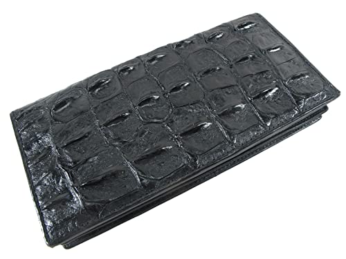 Genuine Crocodile Alligator Backbone Skin Leather Checkbook Long Wallet (Black)