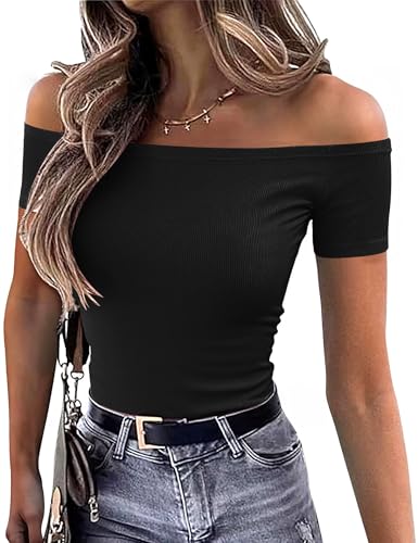 OwnTime Sexy Off the Shoulder Tops for Women Summer Short Sleeve Shirts Ribbed Slim Fitted Trendy Going Out Tops Blouses