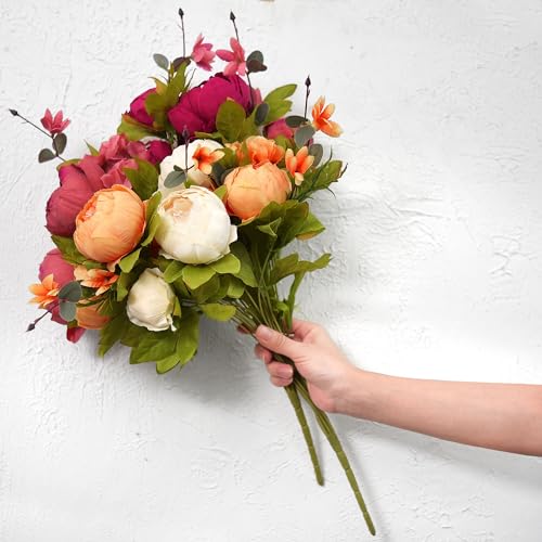 Image of FiveSeasonStuff Sunset Whisper Artificial Peony & Hydrangea Bouquets, 2 Silk Flower Bundles with 2 Gold Taper Candle Holders, Cream Apricot & Berry Red Centerpiece for Home & Wedding Tables