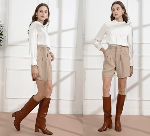 Image of Women's Knee High Boots Chunky Heel Square Toe Side Zipper Tubular Leg Soft Brown PU Leather Classic Fashion Dress Long Boots 6M