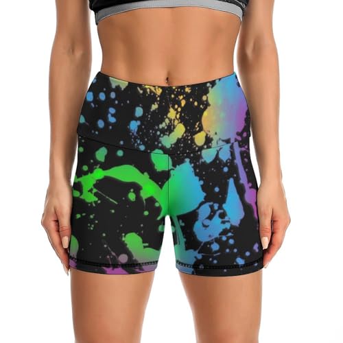 Rainbow of Neon Paint Splatters High Waist Yoga Shorts for Women Athletic Shorts Leggings Running Pants