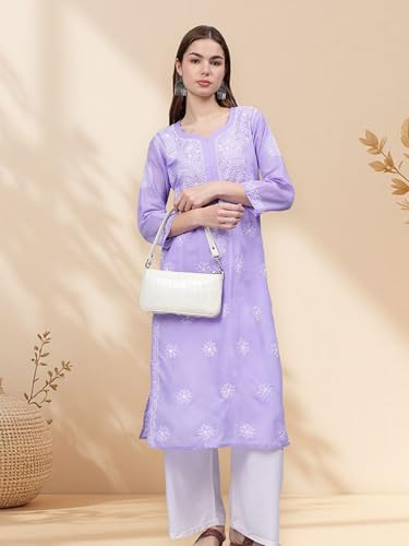 Image of Seva Chikan Hand Embroidered Lucknowi Chikankari Appricoat Peach Terivoil Cotton Kurta for Women SCL4603