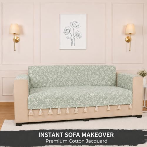 Image of STITCHNEST 'Verdant Phool Stories' 1 Seater Sofa Cover | Full Coverage with Armrest Pockets | Elegant Jacquard Fabric, Decorative Tassels, Washable & Durable for Modern Living