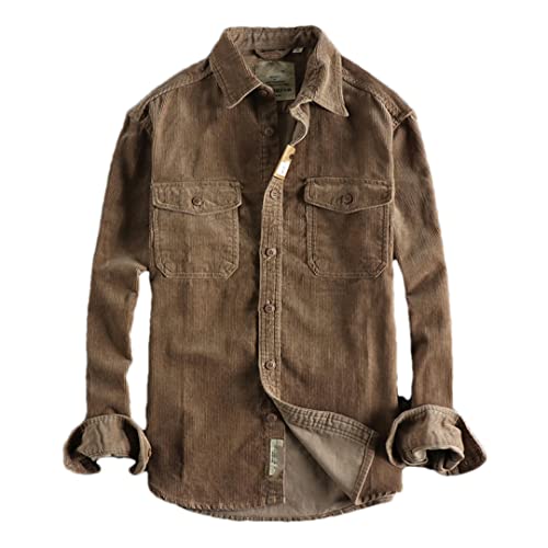Chemise vintage en velours délavé kaki avec coupe simple et ample manches longues
