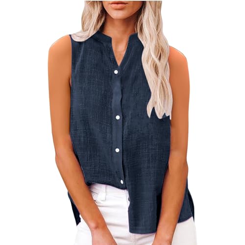 Linen Tank Tops for Women Button Down Sleeveless V Neck Loose Comfort Shirts Plus Size Summer Clothes for Women4