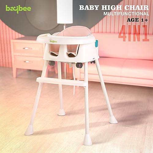 Image of Baybee 4 in 1 Convertible Kids High Chair for Baby | Comfortable Booster Seat with Height Adjustable, Footrest, Food Tray & 3 Point Safety Belt | Feeding Chair for 1 to 4 Years Boys Girls (Pink)