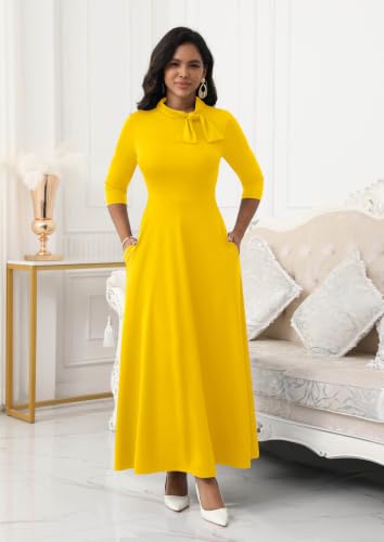 Image of FANDEE Maxi Long Dress Women, Church A Line Bow Tie Neck Casual Dresses | 3 /4 sleeve with pockets, tea party elegant wedding guest semi formal bridesmaid dress, m-3xl, machine wash