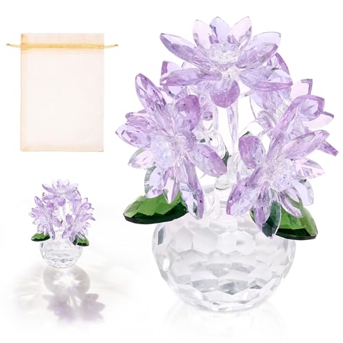 Crystal Purple Daisy Flower Figurine Glass Flowers Bouquet with Stems Crystal Flowers Figurines in Vase Glass Flower Ornaments Home Decor Romantic Present for Women Mom Wife Girlfriend