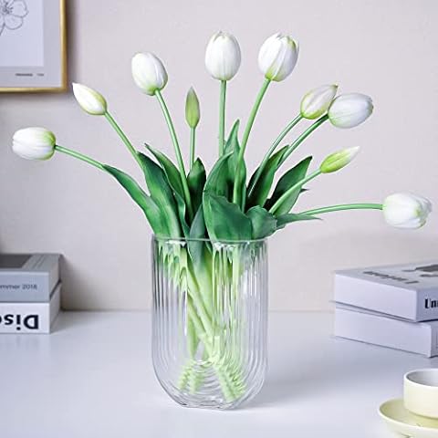 WAKISAKI 16-inch Premium Real Touch Fake Tulips Artificial Flowers with Buds, Flexible Stem Easy to Shape, Faux Tulips for Home Decor Indoor (Vase not Included), 10-Pack Set of Peppermint White Cover
