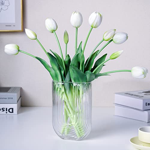 WAKISAKI 16-inch Premium Real Touch Fake Tulips, Artificial Flowers with Buds, Flexible Stem Easy to Shape, Faux Tulips (Vase not Included), 10-Pack Set of Peppermint White