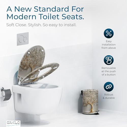 Image of Sanilo Wooden Toilet Seat with Quick Release & Soft Close [ROUND] - Decorative & Slow Close Molded Wood Seat - With One Click for Easy Installation & Cleaning - With Adjustable Fit (Tree of Life)