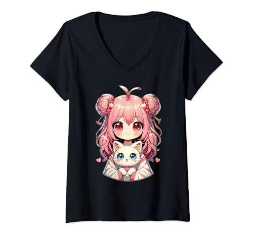 Femme Anime mignon chat amoureux kawaii manga otaku anime fille rose T-Shirt avec Col en V