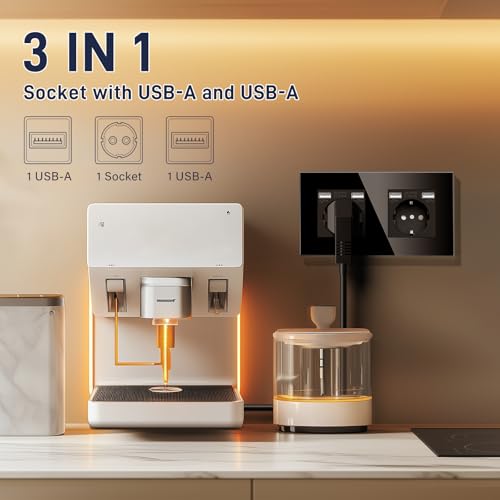 BSEED USB Steckdose Doppel Schwarz Schuko Steckdose mit USB Anschluss (Max. 2.1A) Unterputz Steckdose Glas Schutzkontakt-Steckdose Ladegerät für Handys, Laptops etc