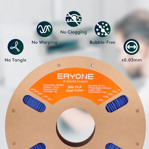 Image of ERYONE Silk Dual Color PLA Filament 3D Printer 1.75mm + /- 0.03mm, Bicolor Filament Two Tone PLA 1KG(2.2lbs) Cardboard Spool, Orange & Blue