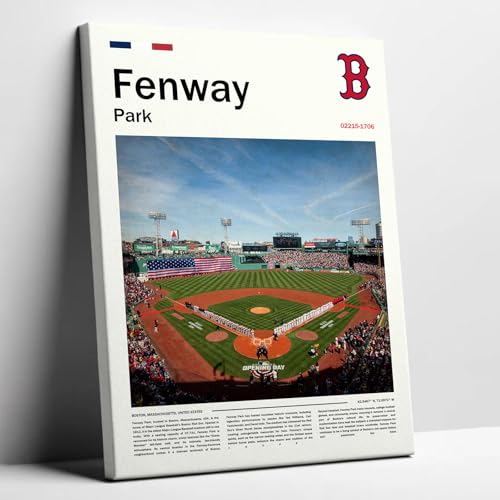 FenwayPark Stadium Poster (L17 xW11 Wrapped Canvas) Boston Ballpark Wall Art Print - Red Sox Retro Sports Poster - Gift for Baseball Fans & Red Team Supporters