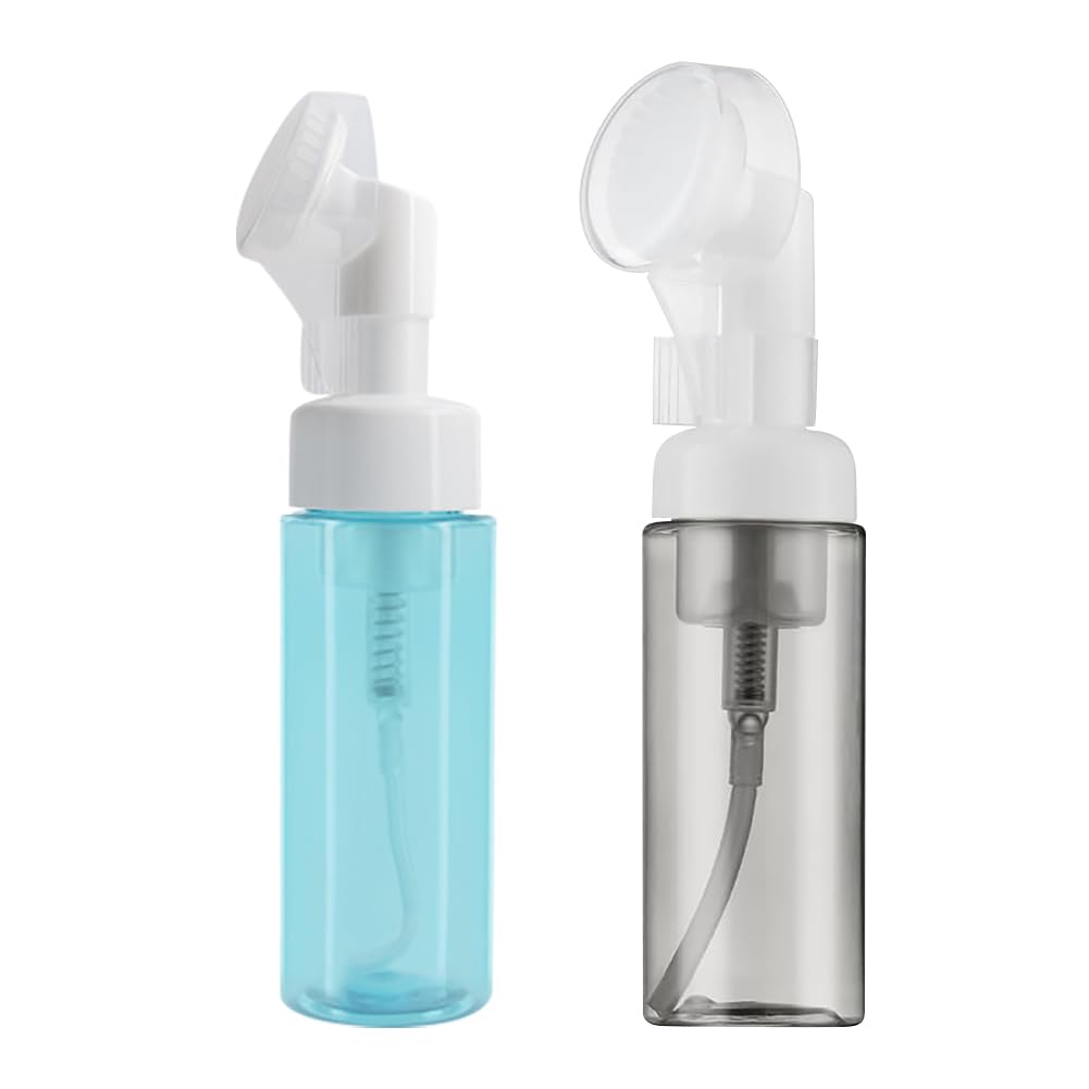 HugeDE 4 Pcs 60ml Facial Cleanser Foaming Bottles Small Mousse Foaming Container Mini Foaming Soap Pump Dispenser with Silicone Head Wash Brush Blue Black