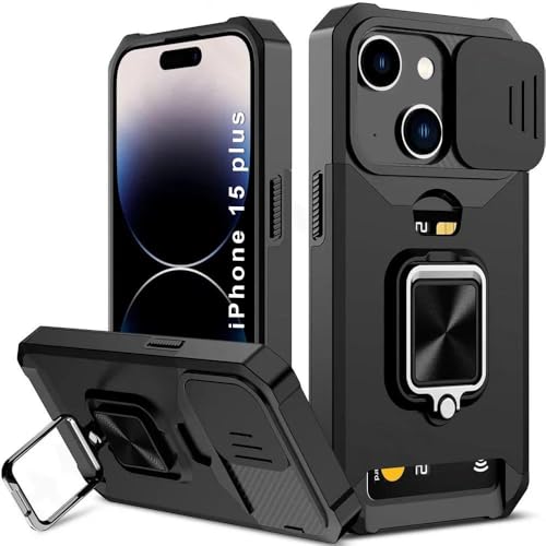Image of LuxuryKase Shockproof Armor Case for iPhone 15 Plus | Slide Camera Cover | Hidden Card Slot | Rotating Ring Kickstand | Magnetic Car Mount Support | Military Grade Protection - Black
