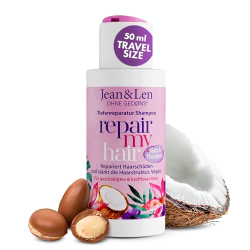 Jean & Len Shampoo Tiefenreparatur Kokos & Macadamia in Reisegröße für geschädigtes & kraftloses Haar repariert Haarschäden stärkt die Haarstruktur ohne Silikone & Parabene vegan 50 ml