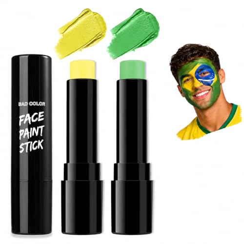 Image of BADCOLOR Brazil Yellow Green Face Body Paint Stick Set, Oil Based Sports Fan Makeup Stick, Waterproof Sweatproof Cream Face Paint for Football, Rugby, Softball, Baseball, Lacrosse, Sports Accessories