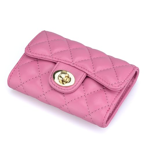 Luxury Quilted Leather Card Holder Wallet Credit Card Holder Wallet Small Wallet Compact Wallet Coin Purse Business Card Holder Gift for Women Gift for Girl (Pink)3