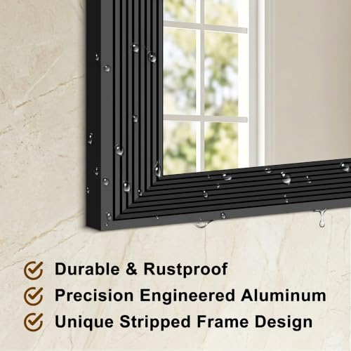 Image of DESBING 20x48 inch Black Bathroom Mirror,Bevelled Edge Black Mirror with Ribbed Texture-Modern Rectangle Bathroom Wall Mirror for Vanity, Tempered Glass, Hangs Horizontally or Vertically
