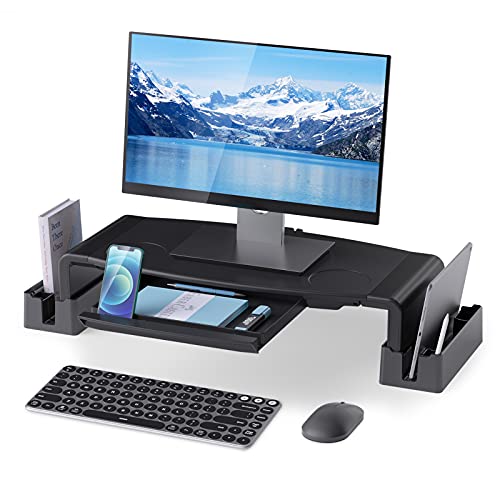 Monitor Stand Riser, NEARPOW Adjustable Monitor Stands with Dual Storage Racks, Foldable Computer Stand with Drawer, Phone Tablet Stand, Laptop Computer Monitor Riser for Desk Organizer (Black)