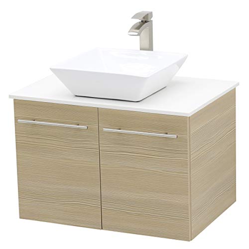 Best Seller WindBay Wall Mount Floating Bathroom Vanity Sink Set. Tan Vanity, White Flat Stone Countertop Ceramic Sink - 30"