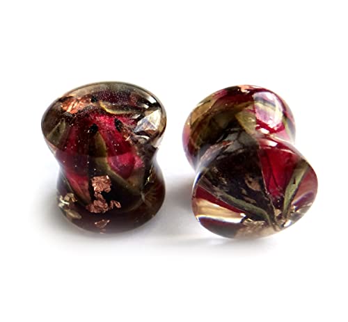 Eternity31 Red Rose Plug Rose Gold foil Gauge Wedding Plug Bridal Resin Flower Jewelry Terrarium Rose (0g / 8mm / 5/16" / Pair)
