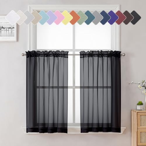 Lecloud 36 Inch Black Curtains Sheer Tiers for Kitchen Set of 2 Pieces, Dual Rod Pocket Window Small Curtain for Bedroom, Elegant Living Room Bathroom Cafe Cupboard Gauzy Tiers, 40W x 36L Inch