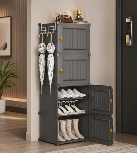 Image of Modular Shoe Rack Organizer with Drawer Storage, Multi-Layer Foldable Shoe Cabinet with Dustproof Doors for Home Entryway Bedroom (HZ-Grey, 6-Door)