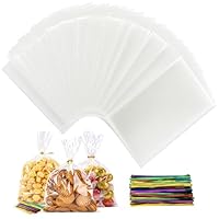 100 Stück Groß Cellophantüten 25x15 cm, Durchsichtige Zellophantüten mit 100 Bunte Krawatten – Brotbeutel Geschenkbeutel für Brötchen, Süßigkeiten, Kekse - Hochzeit Geburtstag Weihnachten Party