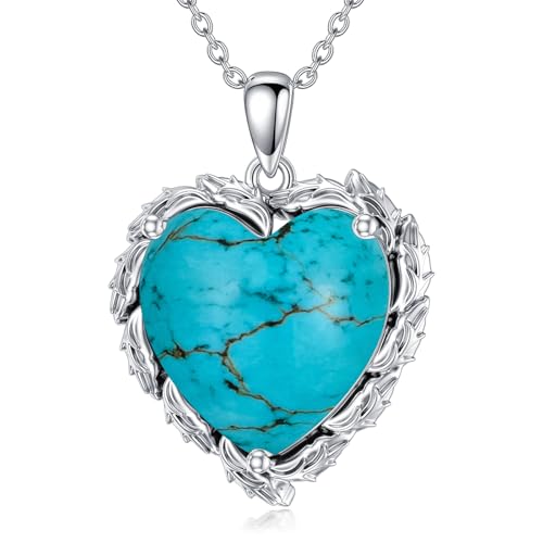 Genuine Turquoise Heart Necklaces for Women 925 Sterling Silver Blue Green Turquoise Pendant Vintage Western Jewelry Gift for Mom Wife Her
