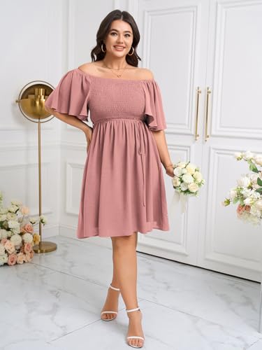 Image of SCOMCHIC Womens Plus Size Summer Dresses Casual Short Sleeve Smocked Square Neck Tie Waist Flowy A Line Mini Sun Dress