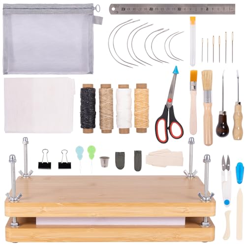 Book Binding Kit with Wooden Press - Complete DIY Book Making Supplies Suitable for Beginners &, 7.9”x11.6” Bookbinding Kit with Bone Folder, Awl, Bind Strap & Cover Board for Zines, Journals, Books
