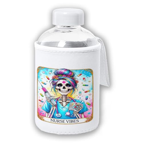 MERCHANDMANIA Bidón cristal con Funda soft shell carta tarot graciosa meme enfermera medico salud tapon seguridad botella