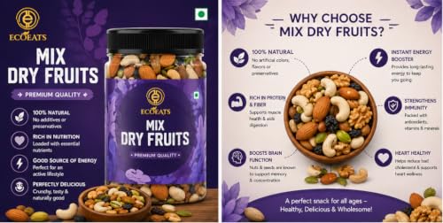 Image of Ecoeats Premium Dry Fruits Mix | Healthy Mixed Nuts Contains Almonds, Cashews, Pistachios, Apricot, Black Raisin, Kiwi | 250g