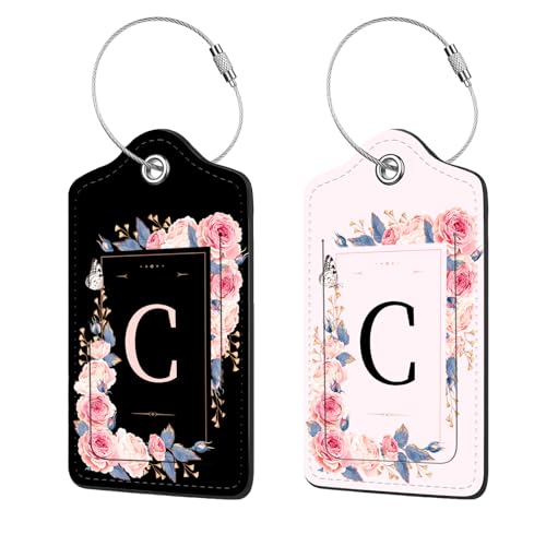 2 Pcs PU Leather Luggage Tag for Suitcases with Privacy Shield and Name ID Tag Address Card Travel Cruise Luggage Tag, Suitable for Men and Women Baggage Handbag Backpack,Flower and Monogram(Letter C