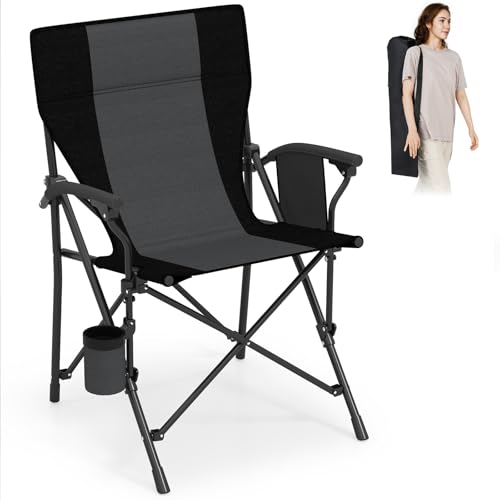 Goplus Folding Camping Chair, 350 LBS Portable Lawn Chair for Adults with Padded Armrests, Cup Holder, Side Pocket, Lightweight Camp Chair with Carrying Bag, for Fishing Picnic (1,Black+Grey)