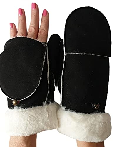 AXELENS Damen Winterhandschuhe Elegant aus Wildlederimitat – Warme Öffnende Fäustlinge mit Fleecefutter und Kunstpelz-Bündchen – Schwarz Größe S/M