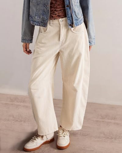 Women's Corduroy Pants Mide-Rise Barrel Wide Leg Pant Scasual Boyfriend Ankle Pants2